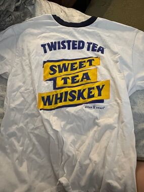 Twisted White Ringer Tee with Navy & Yellow Sweet Tea Whiskey Graphic